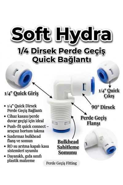1/4" Quick Perde Geçiş L Dirsek - Su Arıtma Kasa/Panel Tipi Sızdırmaz Fitting (1 Adet)