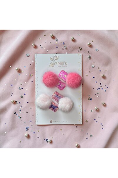 Nills Baby & Kids Ponpon ve Payet Detaylı Toka Set - Pembe & Krem 4'lü