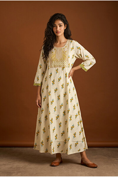 Mabrook Jalabiya 100% Cotton – Ladies A-Line Maxi – Yellow Leafy Sprig Print ...