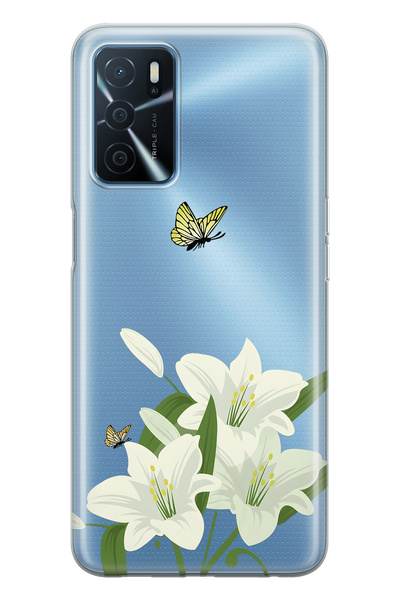 FLAMENKO حافظة هاتف شفافة متوافقة مع هاتف اوبو A16 / A55 وايت ليليكان منقوش