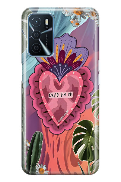 FLAMENKO حافظة هاتف شفافة متوافقة مع أوبو A16 / A55 بتصميم قلب ملون و بنقشة زهور