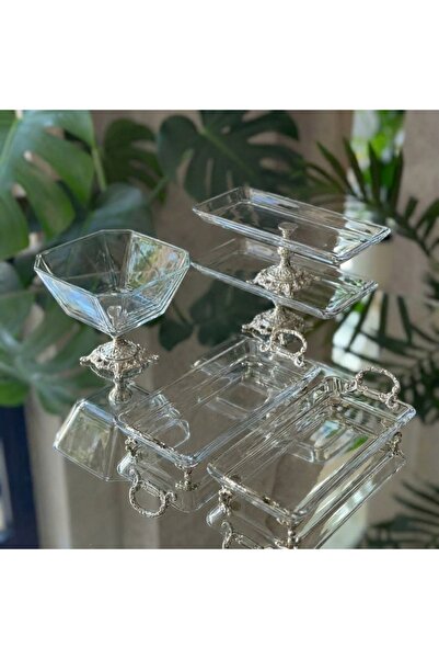 ÇNR Home Collection طقم تقديم كريستال فضي-ذهبي عتيق الطراز مكون من 5 قطع - وع...
