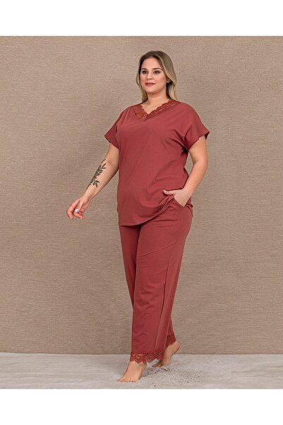 Viselya Short Sleeve Lace Detailed Plus Size Pajama Set