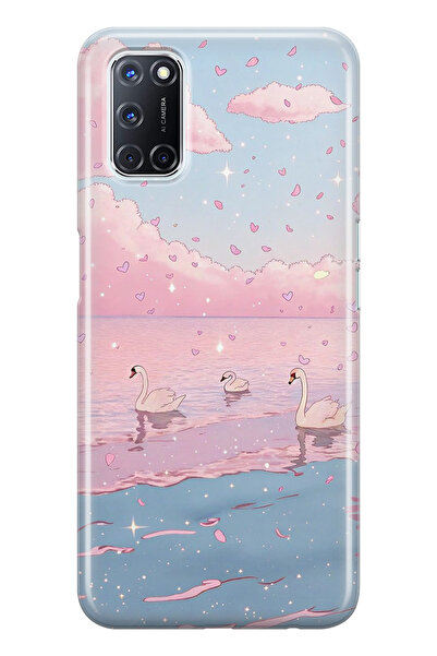 FLAMENKO Oppo A52 / A72 / A92 Compatible Pink Sky and Swan Patterned Transpar...