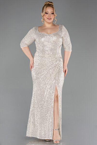 Abiyefon Bej Kapri Kol Uzun Pullu Büyük Beden Abiye ABU3258