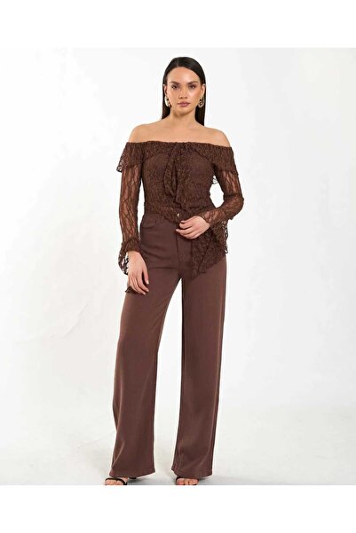 Minası Butik KAYIK YAKA ASİMETRİK BLUZ KAHVE