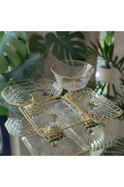 ÇNR Home Collection Elegant 4 Parça Gold Kristal Sunum ve Servis Seti