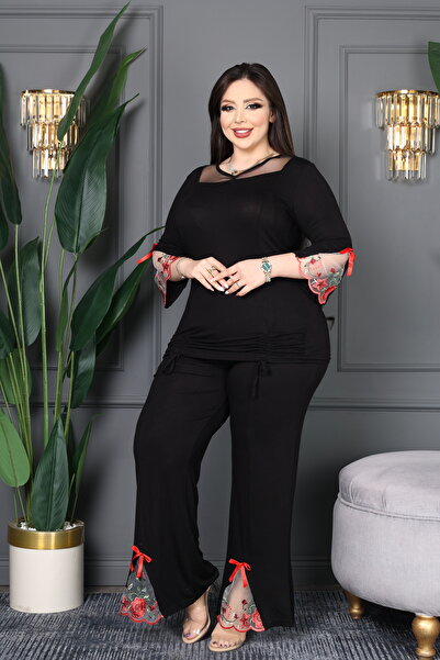 BONİTA FASHİON V-Neck Sleeve Tip and Trousers Tulle Above Embroidered Front D...