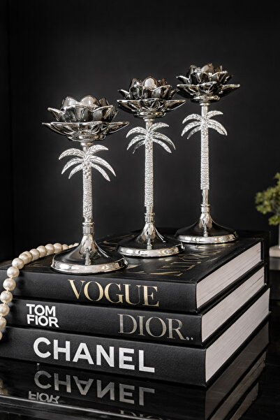 voliX Dizayn 3’LÜ Parlak Gümüş Palmiye Şamdan Set 35/25/20 cm |şamdan&mumluk|...