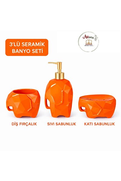 Aşkana 3’lü Seramik Fil Figürlü Turuncu Dekoratif Banyo Seti,Diş Fırçalık+Sıv...