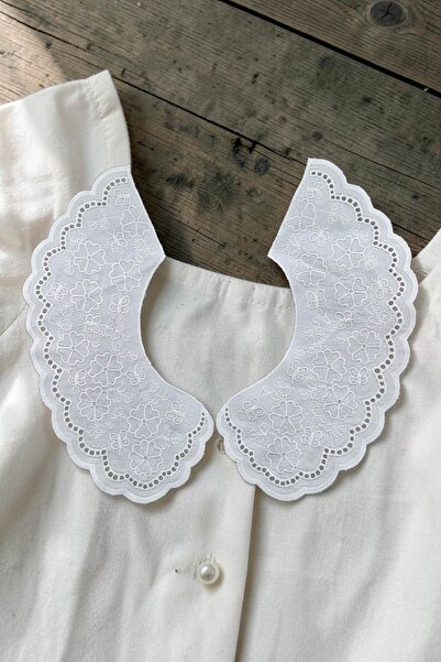 DUAYEN Vintage Pamuk Fisto Yaka Yağmur Desen Beyaz