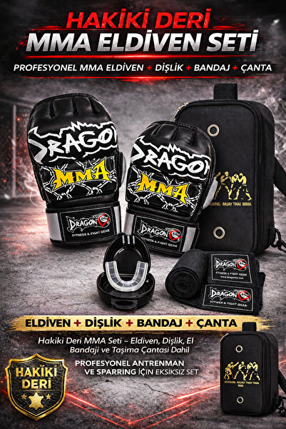 Dragondo Profesyonel MMA Eldiven + El Bandajı + Dişlik + Taşıma Çantası | Set...