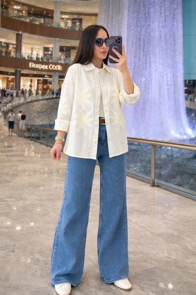 Burcia Palm Embroidered Linen Shirt