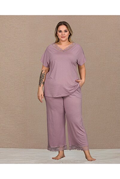 Viselya Short Sleeve Lace Detailed Plus Size Pajama Set