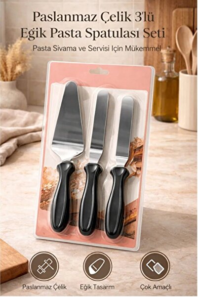 Kitchen Beauty Paslanmaz Çelik 3'lü Eğik Pasta Spatula Seti Pasta Sıvama ve S...