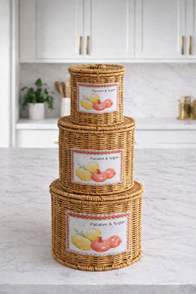 Kitchen Pembelia 3’lü Patates Soğan Sarımsak Sepeti Seti Rattan Dekoratif ve ...