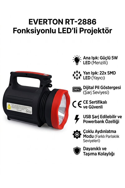 Everton RT-2886 Fonksiyonlu LEDli Projektör - 5W+22 SMD LED Şarjlı El Feneri