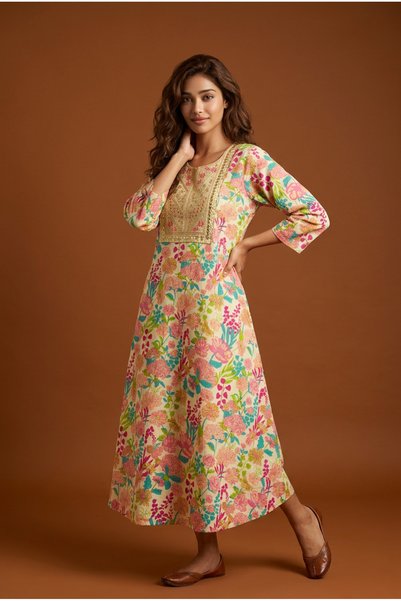 Mabrook Jalabiya 100% Cotton – Ladies A-Line Maxi – Yellow Base Light Pink Floral Botanical Embroidered Jalabiya