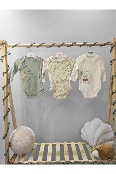 3'lü Erkek Bebek Fitilli Body Seti - Jungle Safari Desenli Uzun Kollu Zıbın