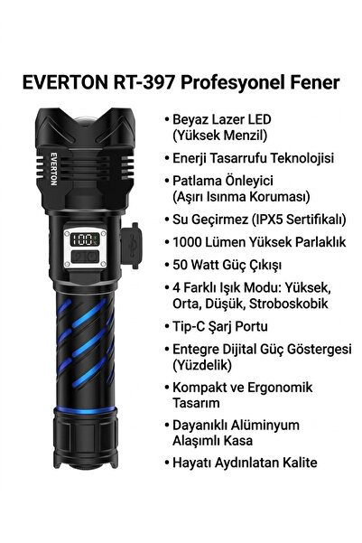 Everton RT-397 Profesyonel Beyaz Lazer LED El Feneri - 1000 Lümen Şarjlı Diji...