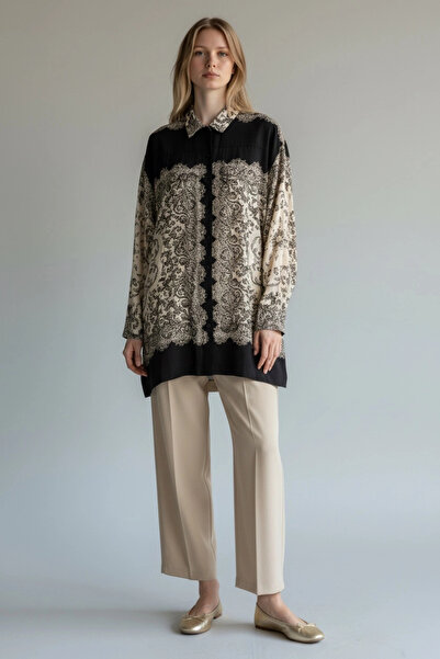 Invee Kadın Desenli Viskon Gömlek - Kahve-Bej