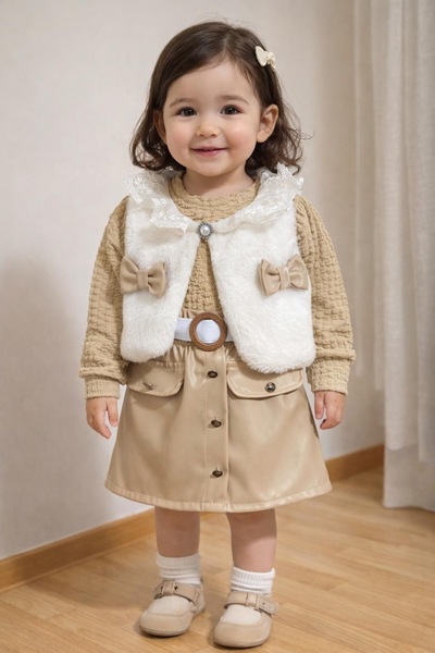 Arjen Girl's Pom-Pom Detailed Leather Skirted Plush Set of Vest Set Belt Piec...