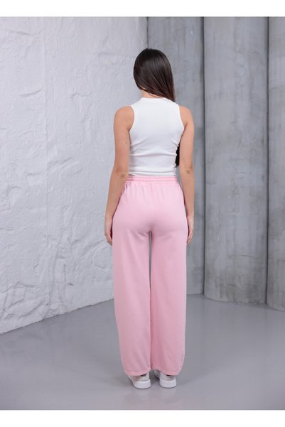 Siyah İz Women's Pink Baggy Linen Pants Elastic Waist Lace-Up Comfortable Wide Leg Summer Pants