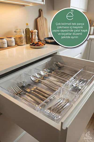 EVONİTA Drawer Organizer Set Transparent Spoon Holder Fork Knife Organizer Ki...