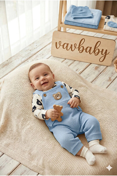 VaVbaby طقم سالوبيت أطفال محبوك بنقشة الوافل مع شكل دمية دب باللون الأزرق الف...