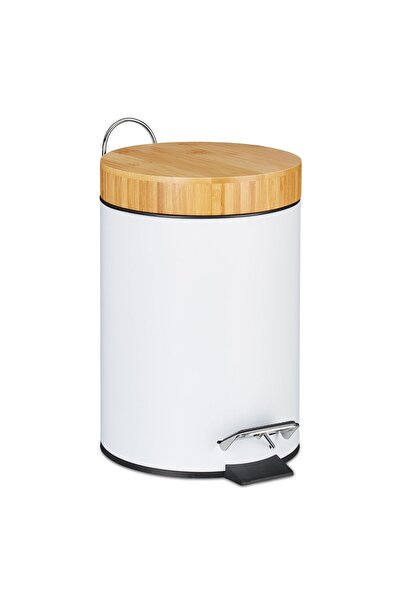 Relaxdays Trash can with pedal, handle, bamboo lid, 3 L, white/ brown, 17 x 2...