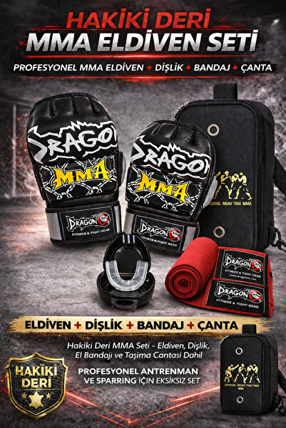 Dragondo Profesyonel MMA Eldiven + El Bandajı + Dişlik + Taşıma Çantası | Set...