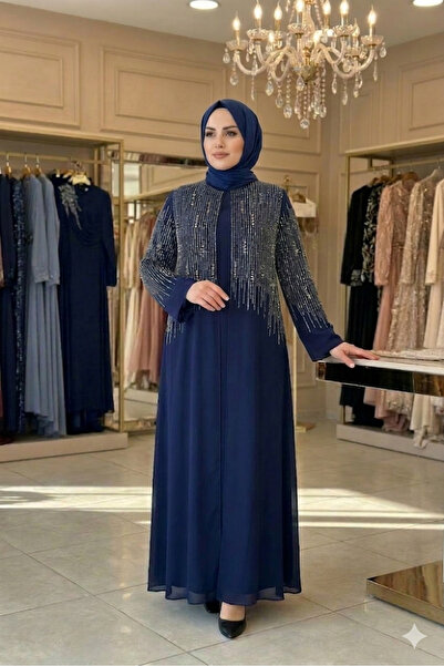 Aynur Tesettür Tesettür Abiye Büyük Beden Taşlı Şık Uzun Kollu Modest Elbise ...