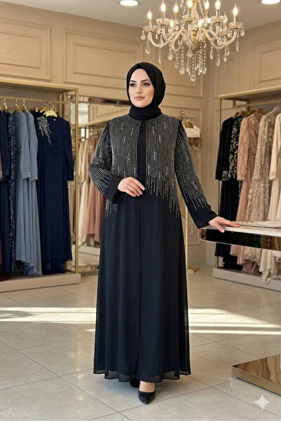 Aynur Tesettür Tesettür Abiye Büyük Beden Taşlı Şık Uzun Kollu Modest Elbise ...