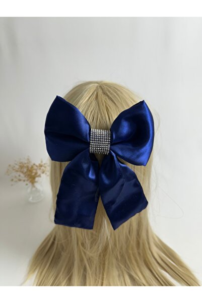 MegssStore مشبك أوتوماتيكي على شكل فيونكة من الساتان باللون الأزرق الداكن مرص...