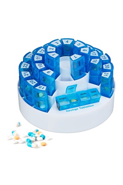 Relaxdays Medicine box/carousel, 31 days x 4 compartments, white/blue