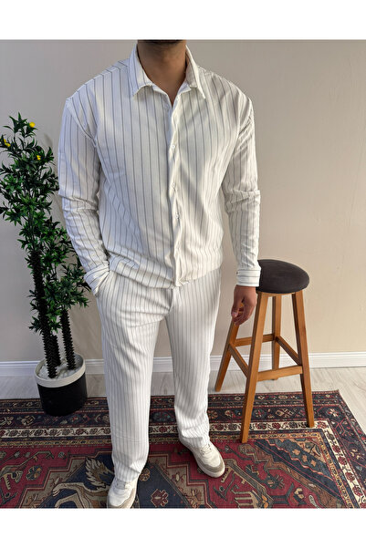 blucombin Men's Baggy Striped Crepe Shirt and Pants Set