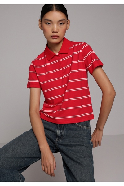 Colin's Tricou roșu cu mânecă scurtă pentru femei, cu dungi, cu gât rotund