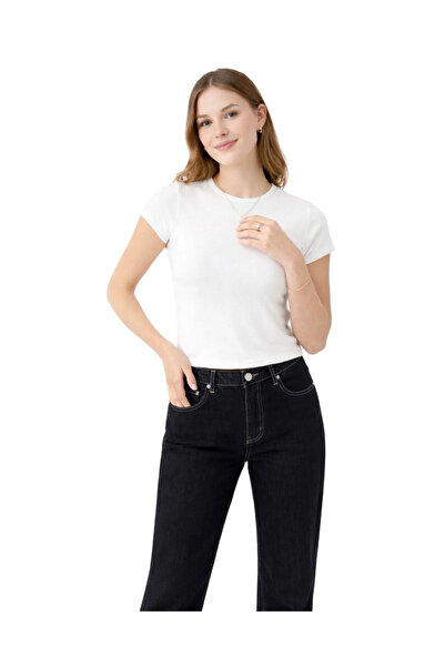 MetuCA Women's White Cotton in Rib Knit Fabric Short Sleeve Crew Neck Basic B...