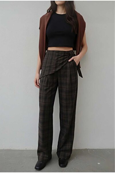 A&O Style Women's Coffee Plaid Pattern Scarf Detailed Slim Summer Straight Cu...