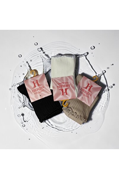 HEREN SOCKS HEREN Lastik Fırfırlı 3'lü Kadın Çorap , Fitilli Fırfırlı Kolej Boy