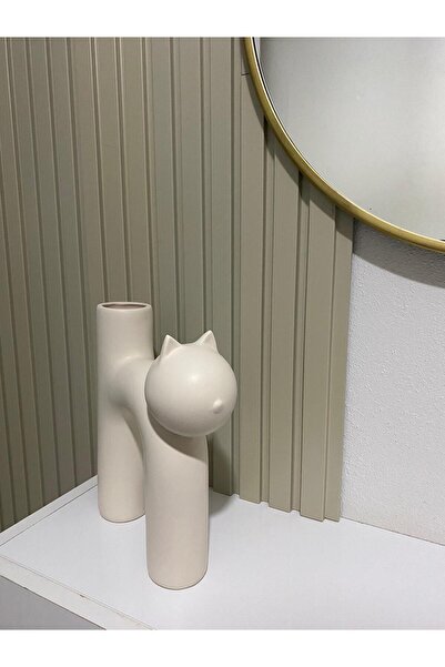Tuge Home İskandinav Kedi Seramik Vazo – Kum Beji