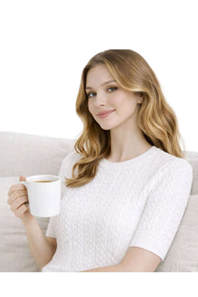 MetuCA Women's White Crew Neck Hair Knit Patterned Short Sleeve Knitwear Blouse