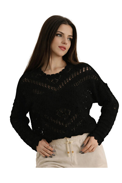 MetuCA Women's Black Lace-Like Knit Crochet Knit Crew Neck Long Sleeve Bohemi...
