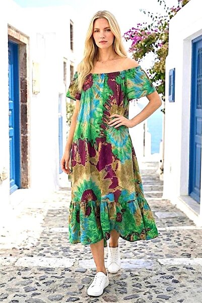 MODANI SEÇ Green Ethnic Patterned Madonna Collar Dress