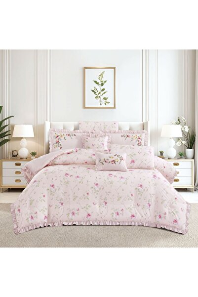 NAJMA مفرش فلاور سرير مزدوج وجهين مطرز سادة و مشجر ناعم طقم- 8 قطع - لحاف نفر...