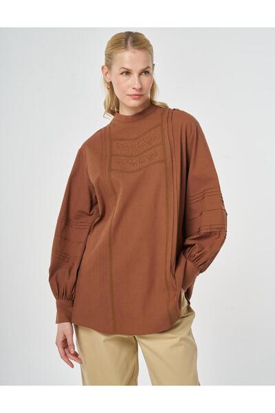 Kayra Ribbed Stitched Cotton Linen Blouse Brown