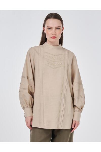 Kayra Ribbed Stitched Cotton Linen Blouse Ecru