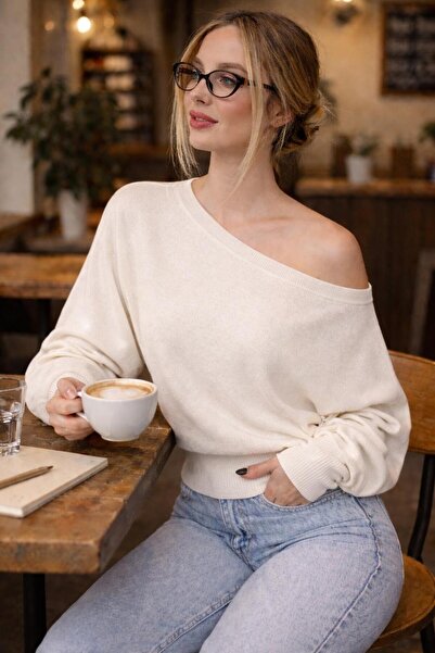 STF MODA Women's Popular Asymmetrical Boat Neck Ecru Knitwear Sweater