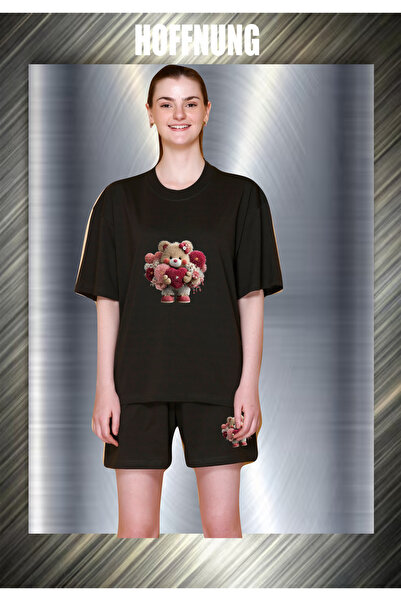 HOFFNUNG Unisex Casual Short Sleeve Set with Bear Heart Print Outdoor Spring/...