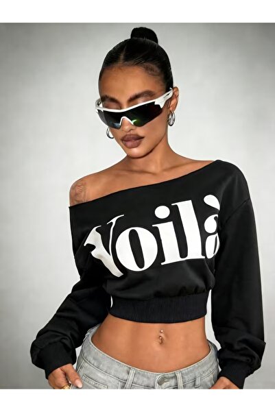 WESTİMO Women's Voila Printed Boat Neck Oversized Cropped Sweatshirt